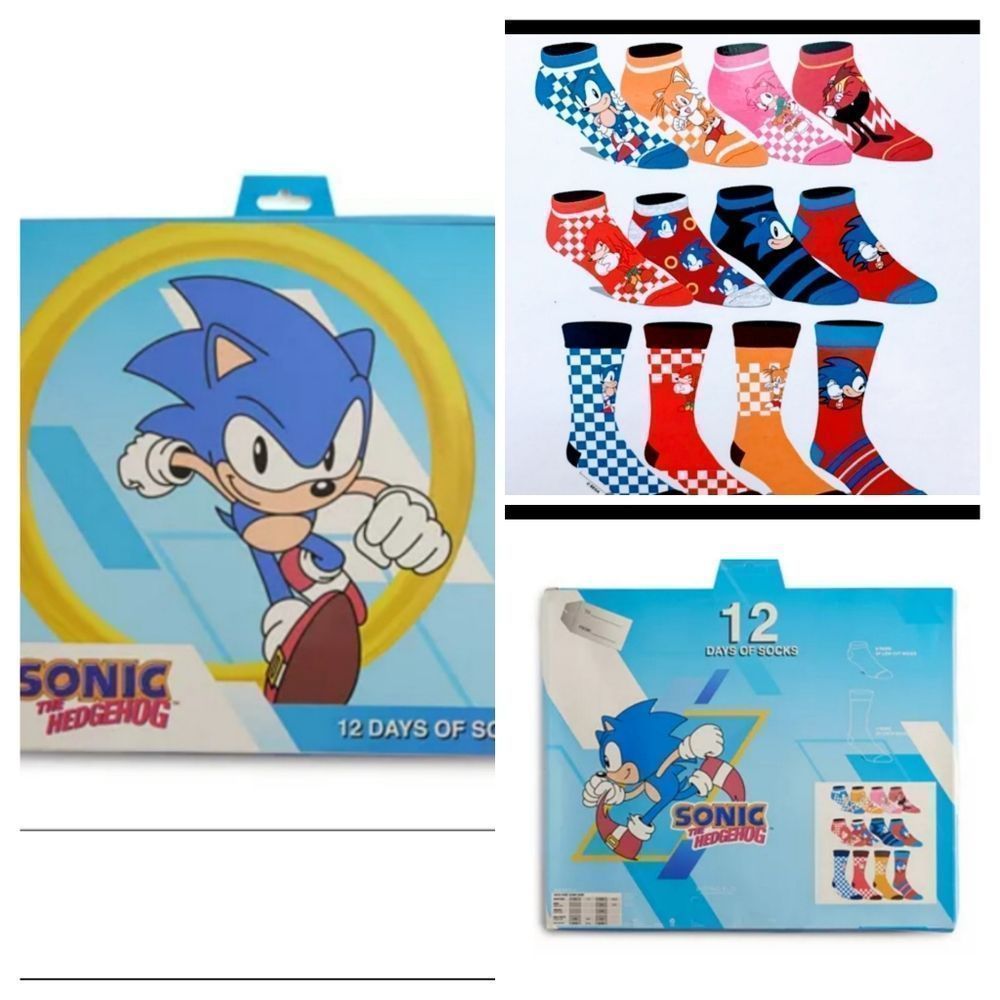 NEW SONIC THE HEDGEHOG BOX 12  pair of Men's Sock size 10-13, Shoe size 8-12